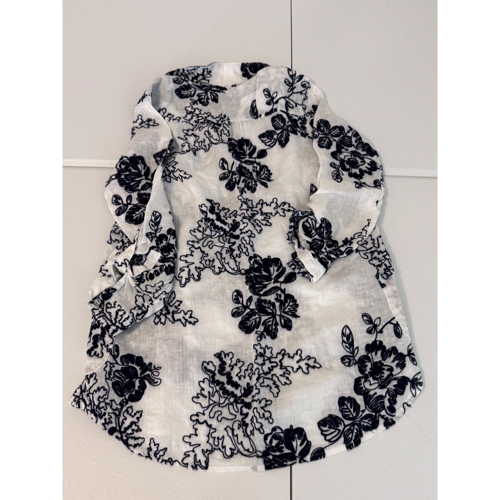 John Mark Linen Floral Embroidered Button Down Shirt Navy White n3 - Picture 3 of 7